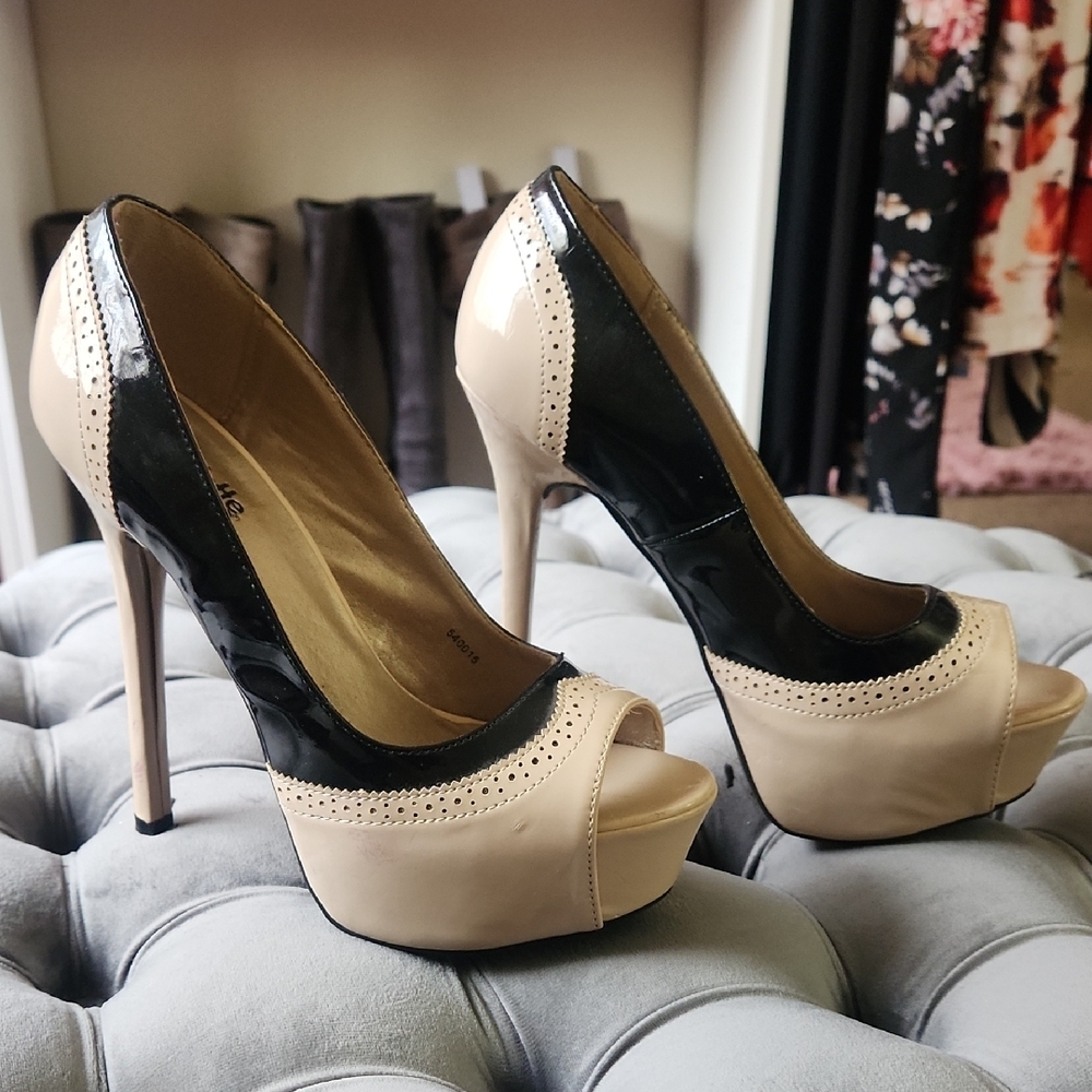 Elegant Black and Cream Peep Toe Heels